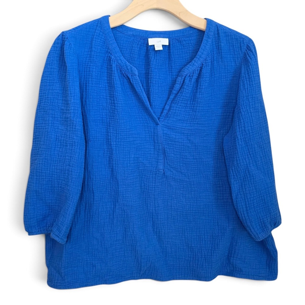 J Jill Top Womens LP Petite Large Cobalt Blue Cotton Double Gauze Split V Neck